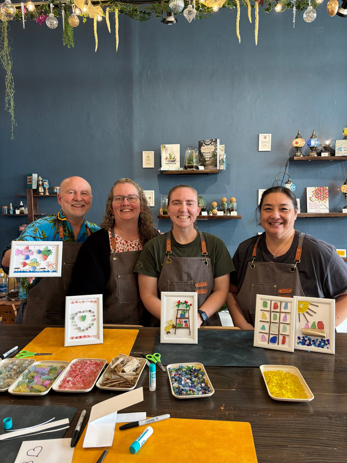 family members joining sea glass art class at KraftStories's studio in downtown Honolulu, Hawaii