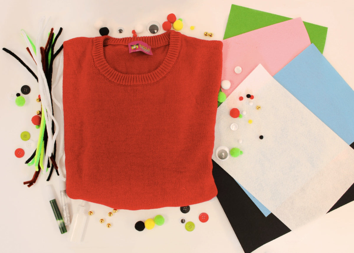 Ugly sweater kit: a red sweater with felt sheets, pompoms, googly eyes and trim