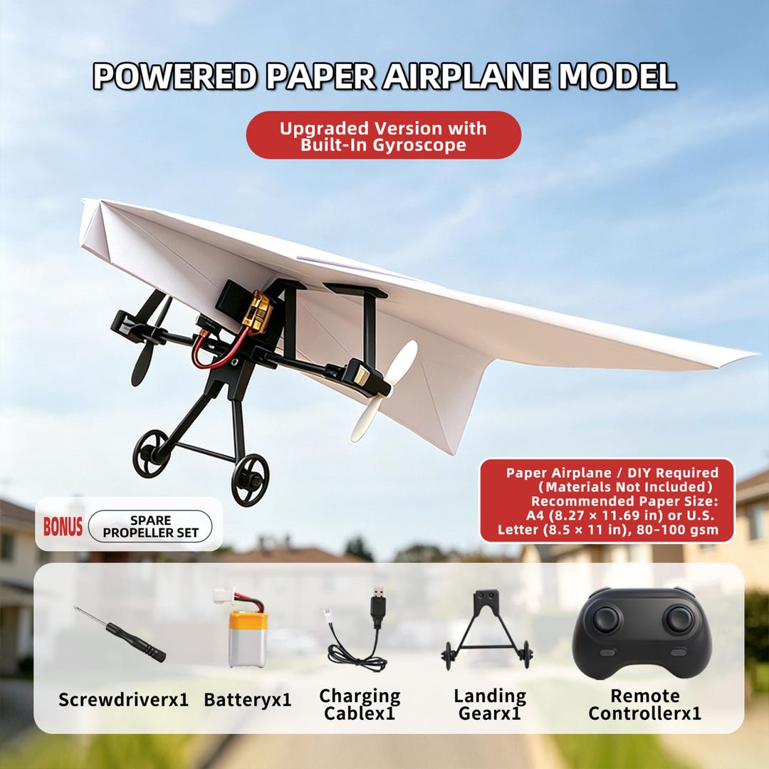 Paper airplane kit contents: power module, controller, battery, cable, tools, spare propellers