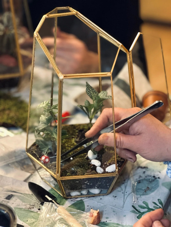 Staff planting miniature succulent gardens during a corporate terrarium class.