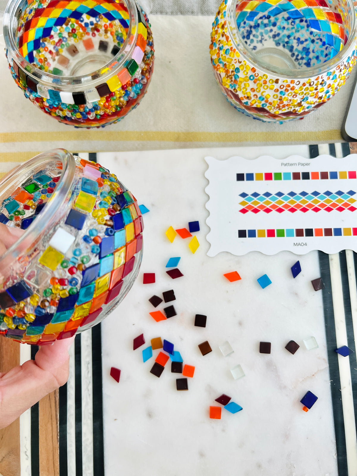 Turkish mosaic candle holder workshop with complete kit provided by KraftStories studio.