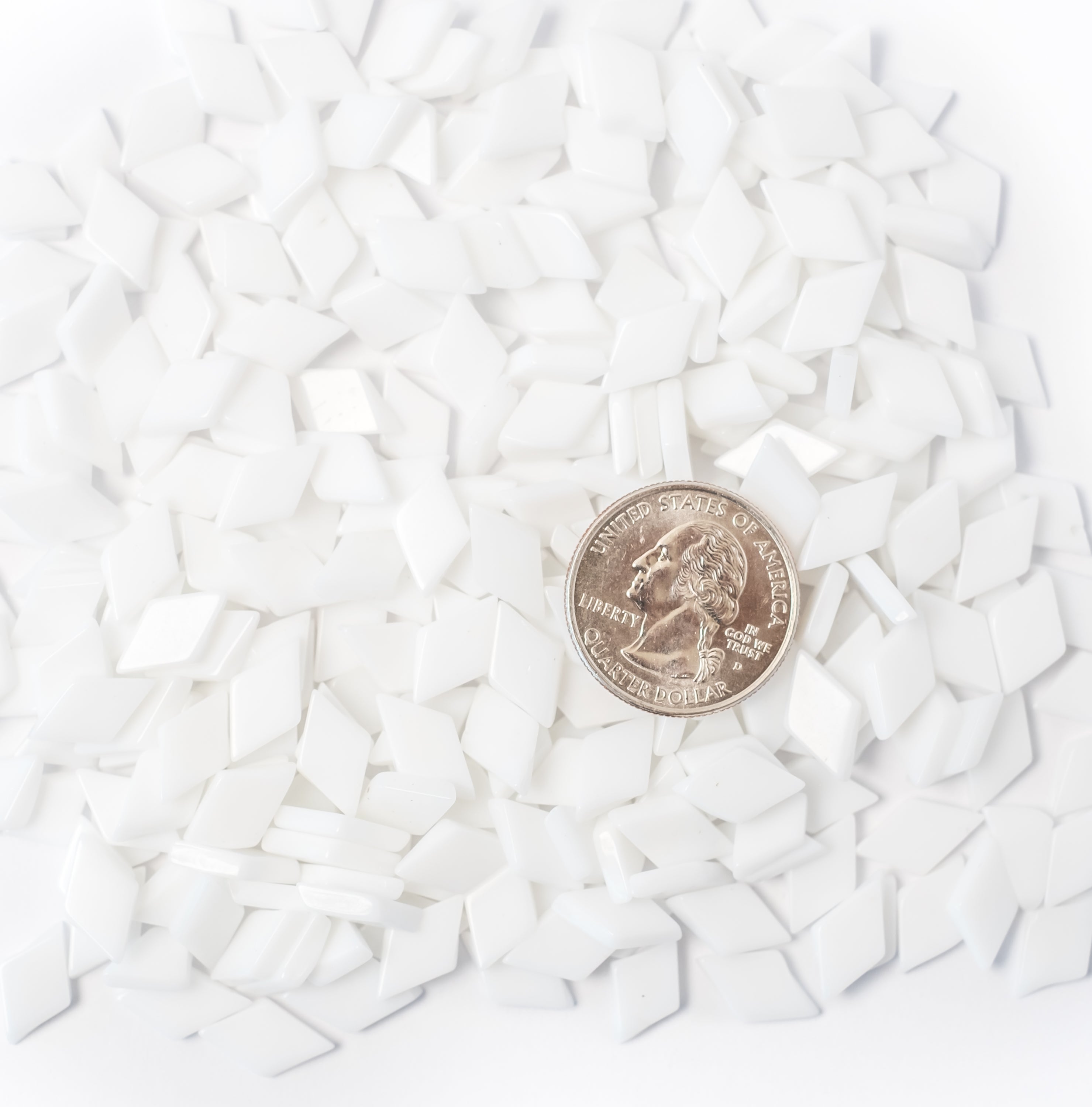 White glass mosaic tiles for crafts and diamond shaped design.