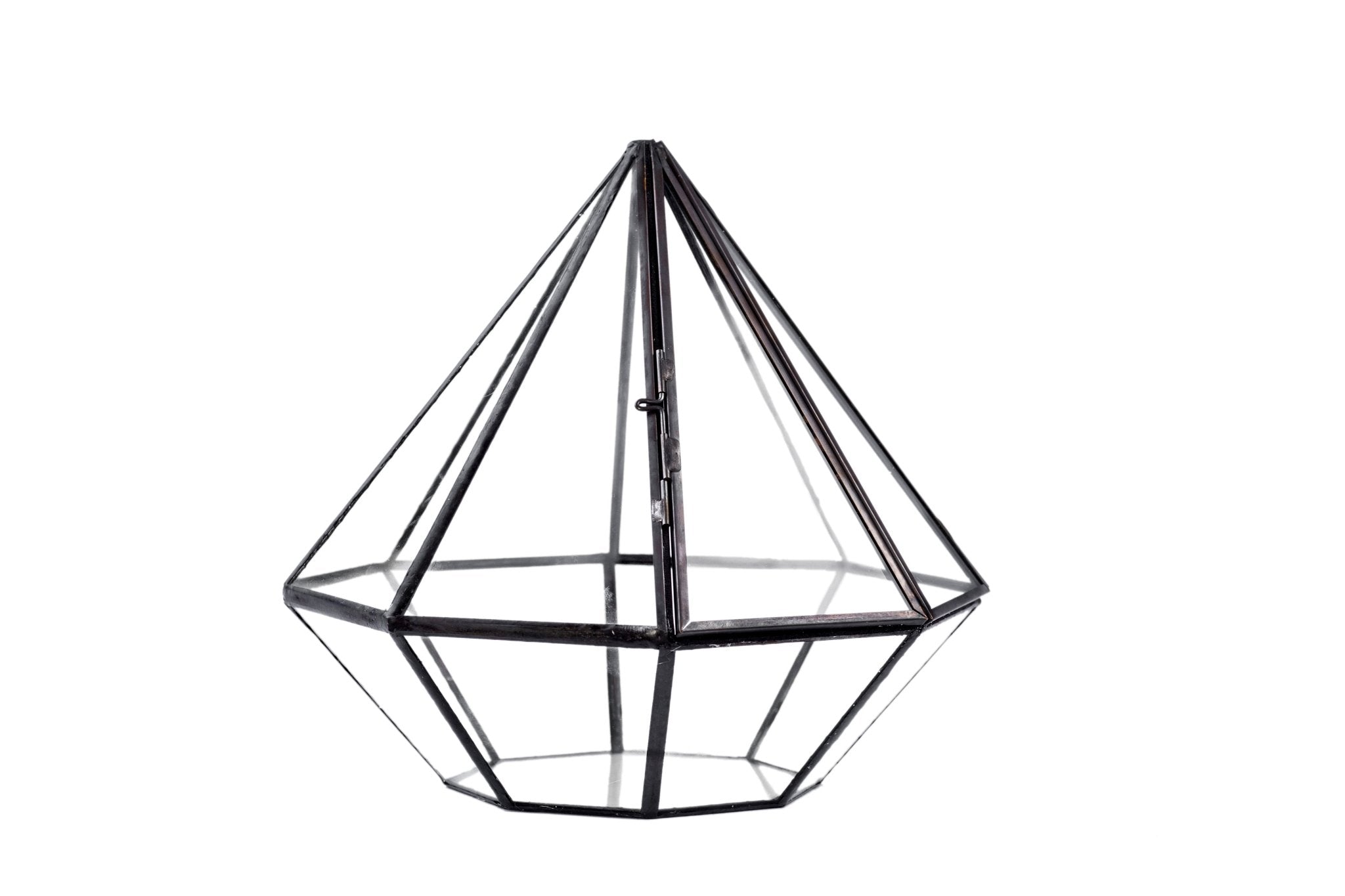 Geometric glass terrarium jar featuring a modern, angular design perfect for creating lush, closed terrariums with tropical plants.