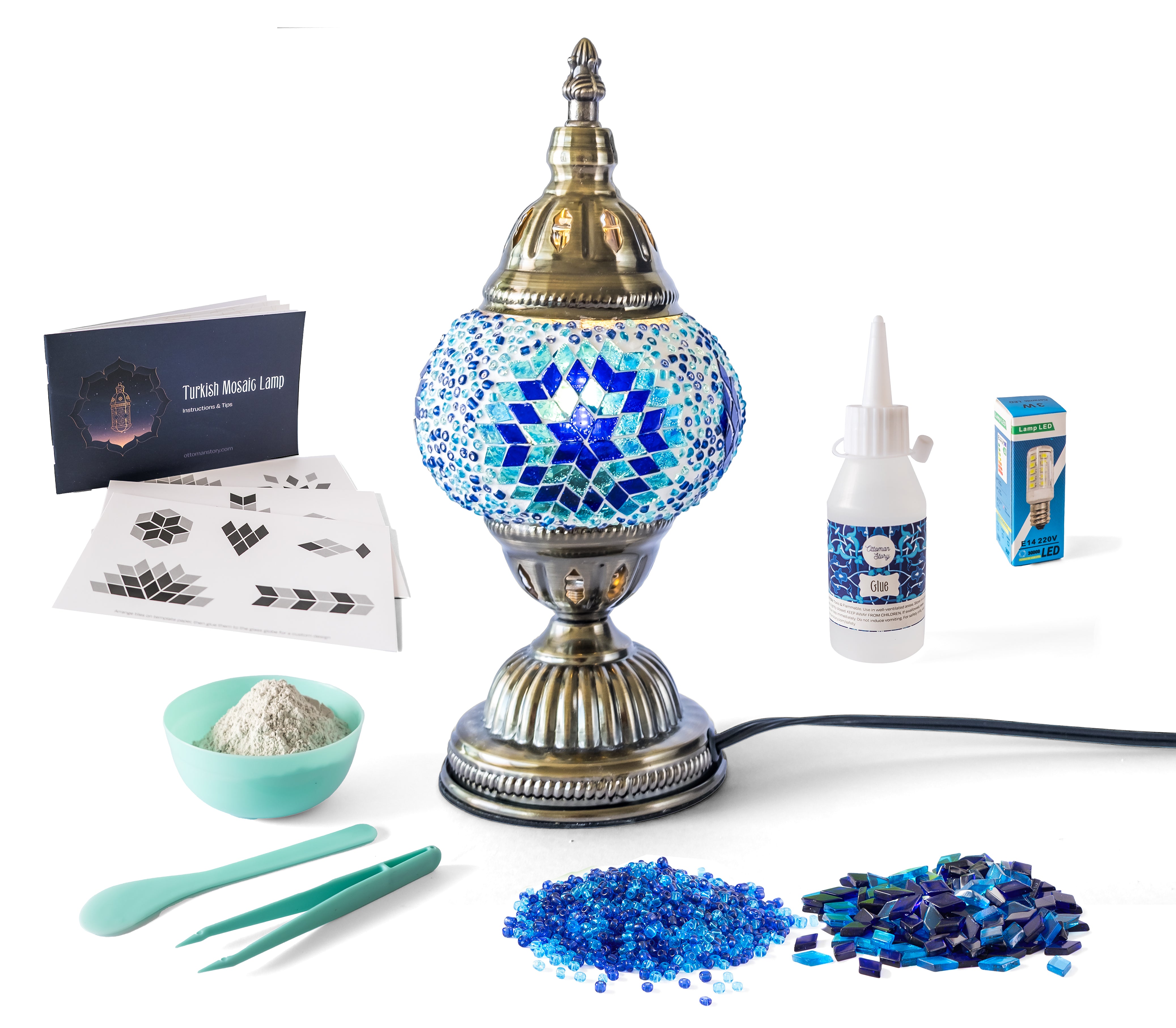 Beautifully crafted Turkish mosaic lamp kit, showcasing the intricate designs and rich cultural heritage of traditional Turkish art. This DIY mosaic project allows you to create a stunning, customizable table lamp that will add elegance and a touch of global flair to any room.