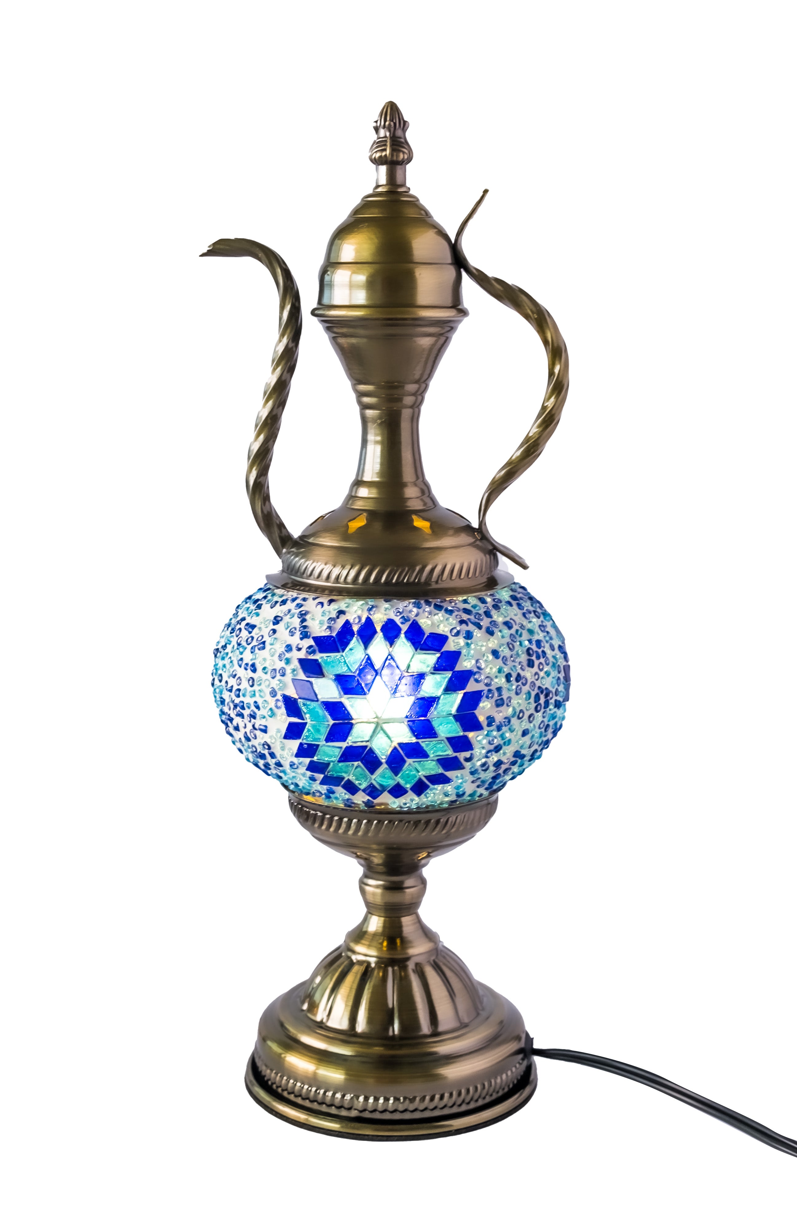 Detailed mosaic lamp with intricate blue and white patterns, mounted on a decorative metal base and stem, ideal for adding ambient lighting and cultural flair to any space.