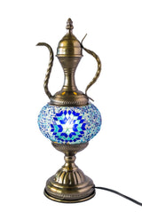 Detailed mosaic lamp with intricate blue and white patterns, mounted on a decorative metal base and stem, ideal for adding ambient lighting and cultural flair to any space.