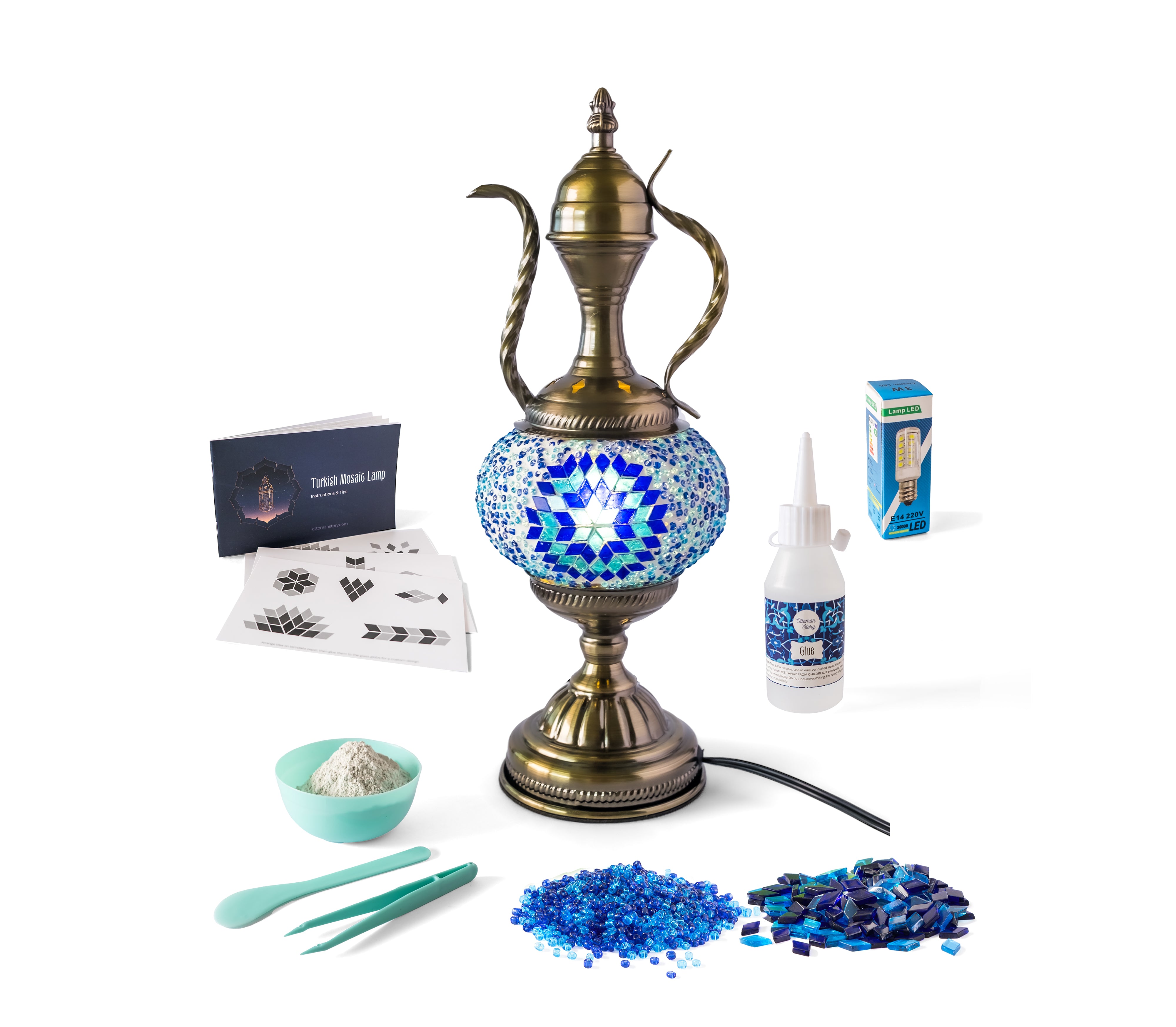 Colorful Aladdin Turkish mosaic lamp kit with decorative glass tiles, beads, and brass components, perfect for DIY crafting and home decor.