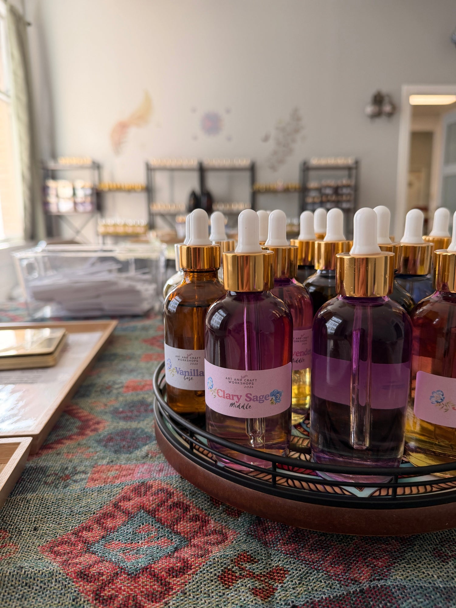 Essential oils laid out for perfume blending