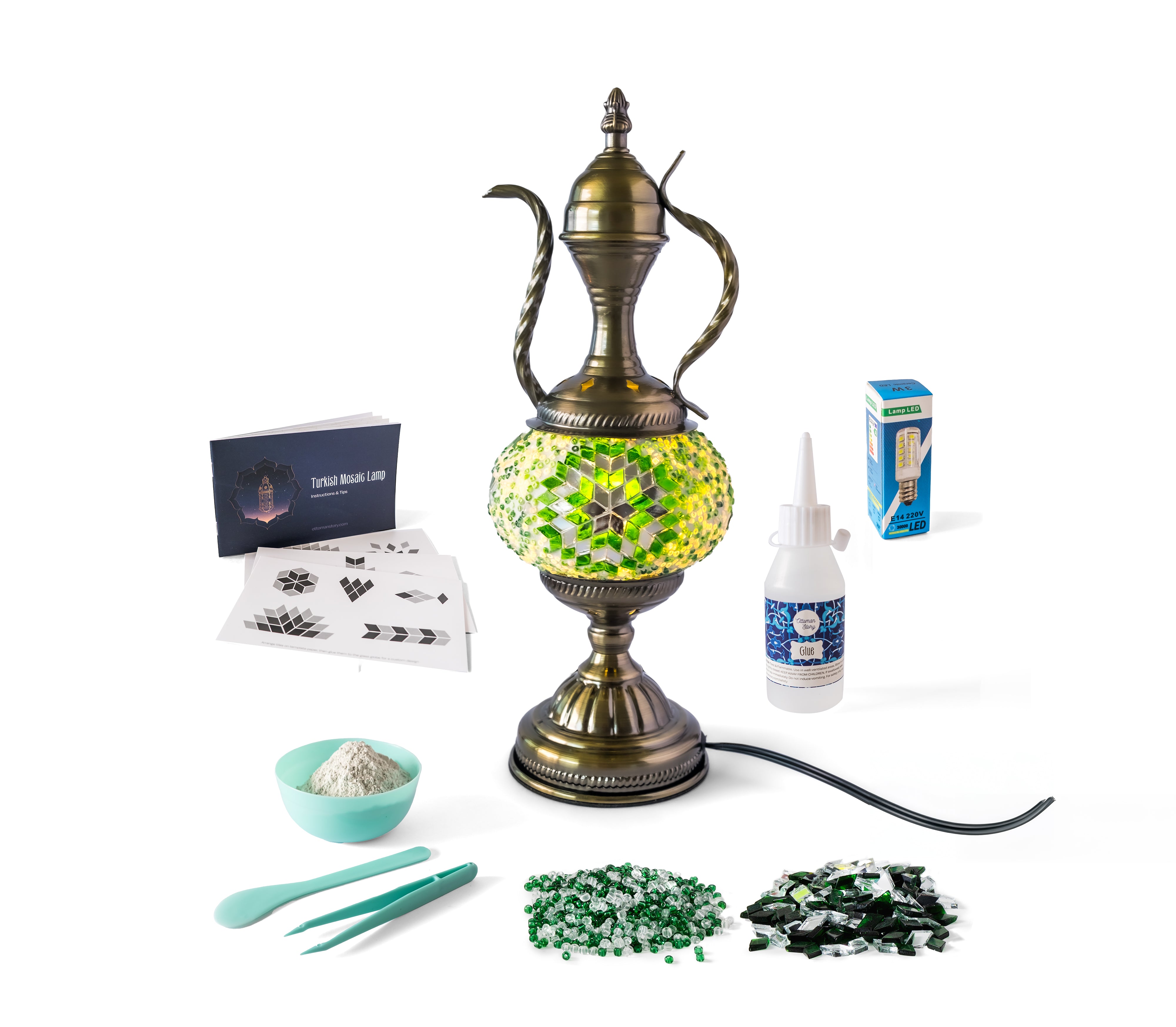 Ornate Turkish mosaic lamp kit with colorful glass tiles, base, and accessories for a creative DIY lighting project.