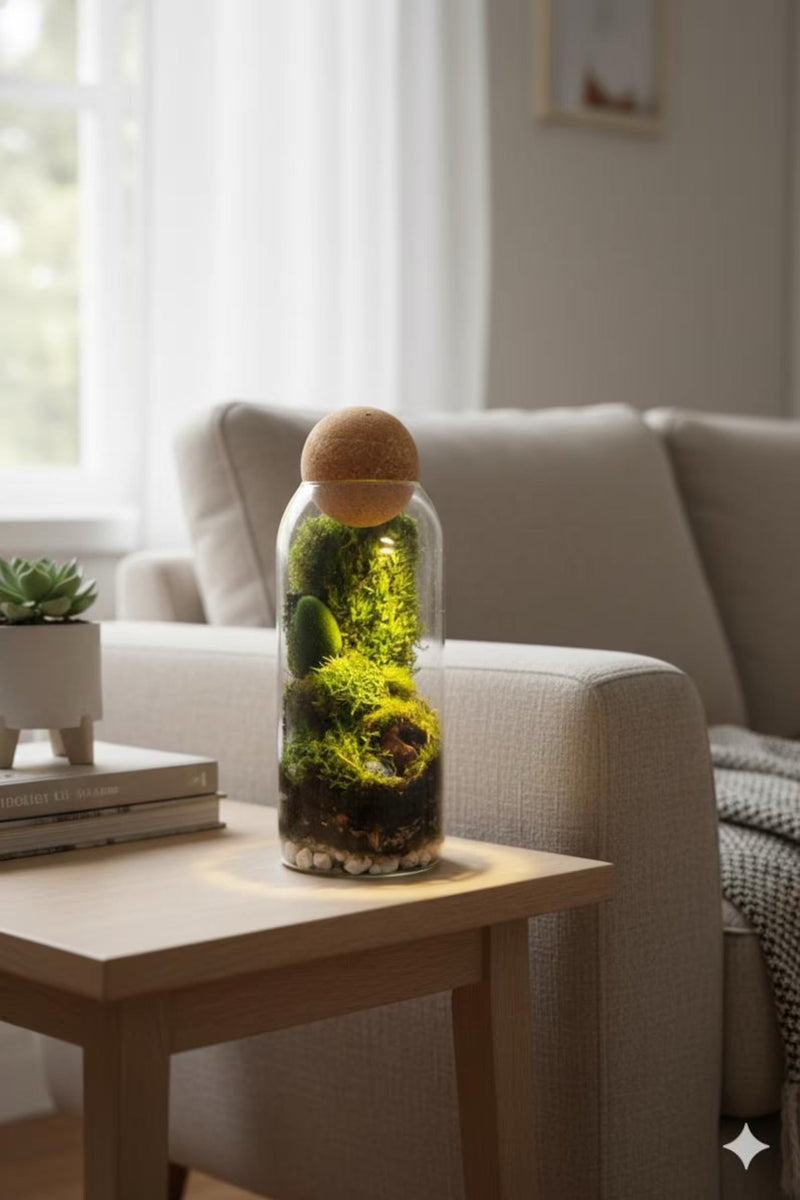 Mini live moss desk terrarium corporate gift in UV-printed glass vessel