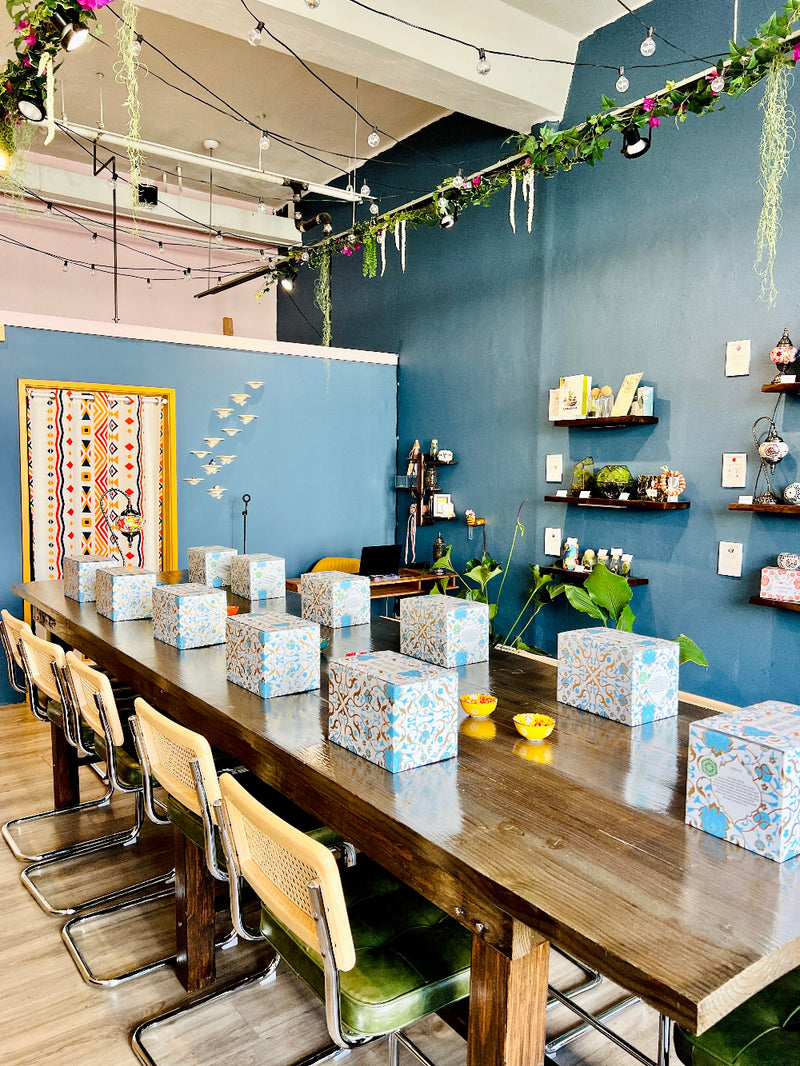 Krafstories studio inside vibe with table and craft kits displayed