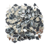 Assorted diamond-shaped glass mirror mosaic tiles in various shades of gray and black, arranged in a scattered pattern.