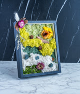 Decorative moss wall art with natural elements including flowers, pinecones, and driftwood displayed in a black frame.