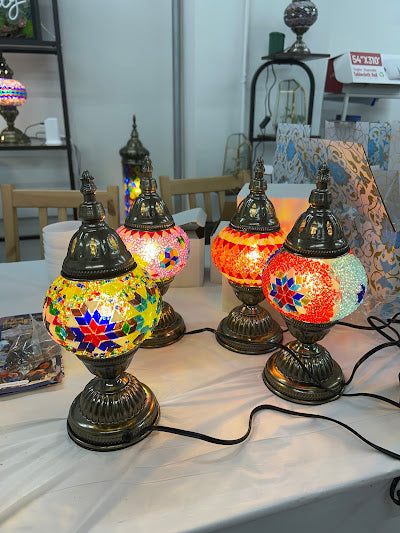 Close-up of colorful glass tiles and beads used for a Turkish mosaic lamp