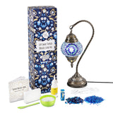 A colorful and intricate DIY Turkish mosaic lamp kit, featuring a graceful swan design. The kit includes a glass globe, colored glass beads, a lamp body and lid, a warm LED bulb, and all necessary materials to craft a unique and elegant piece of decor for the home. , Wholesale Turkish Mosaic Lamp Kits | DIY Craft Supplies