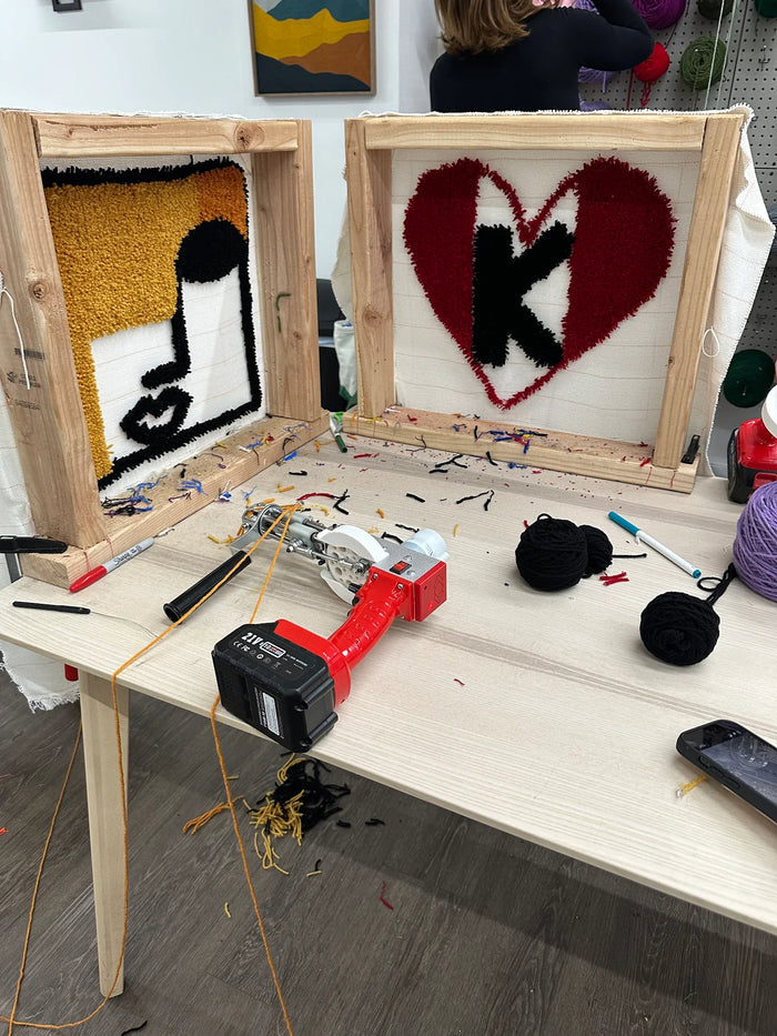 Group rug tufting workshop at KraftStories Texas studio