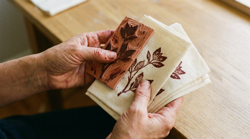 woman hands holding the carved block print
