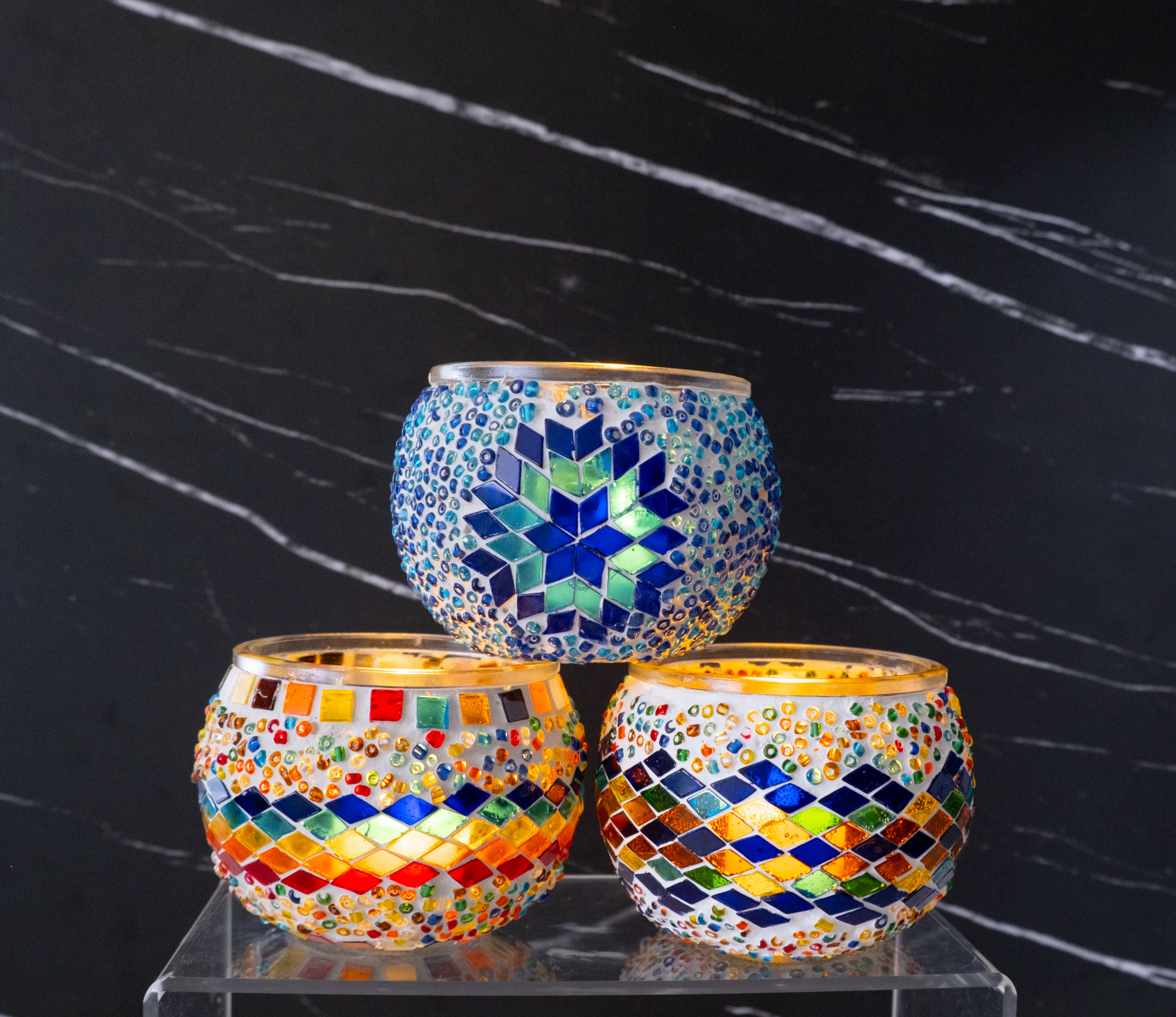 Colorful glass mosaic candle holders with intricate floral patterns, Wholesale Turkish Mosaic Lamp Kits | DIY Craft Supplies