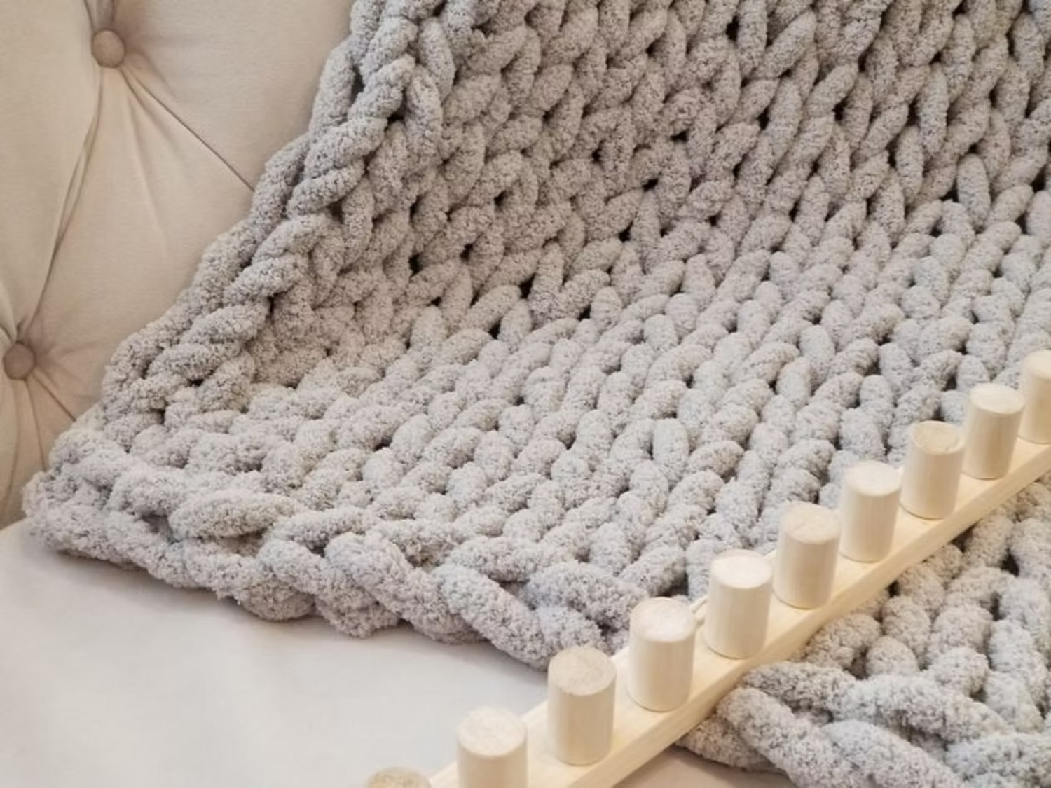 Finished 60x60 inch chunky merino blanket from the San Jose workshop
