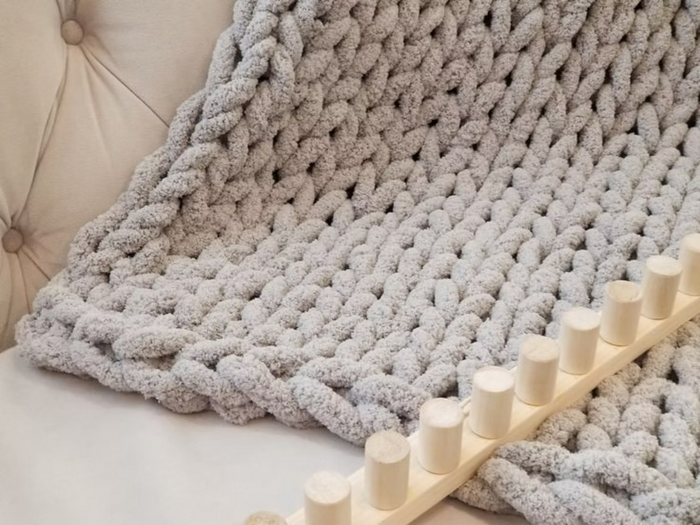 Finished 60x60 inch chunky merino blanket from the San Francisco workshop