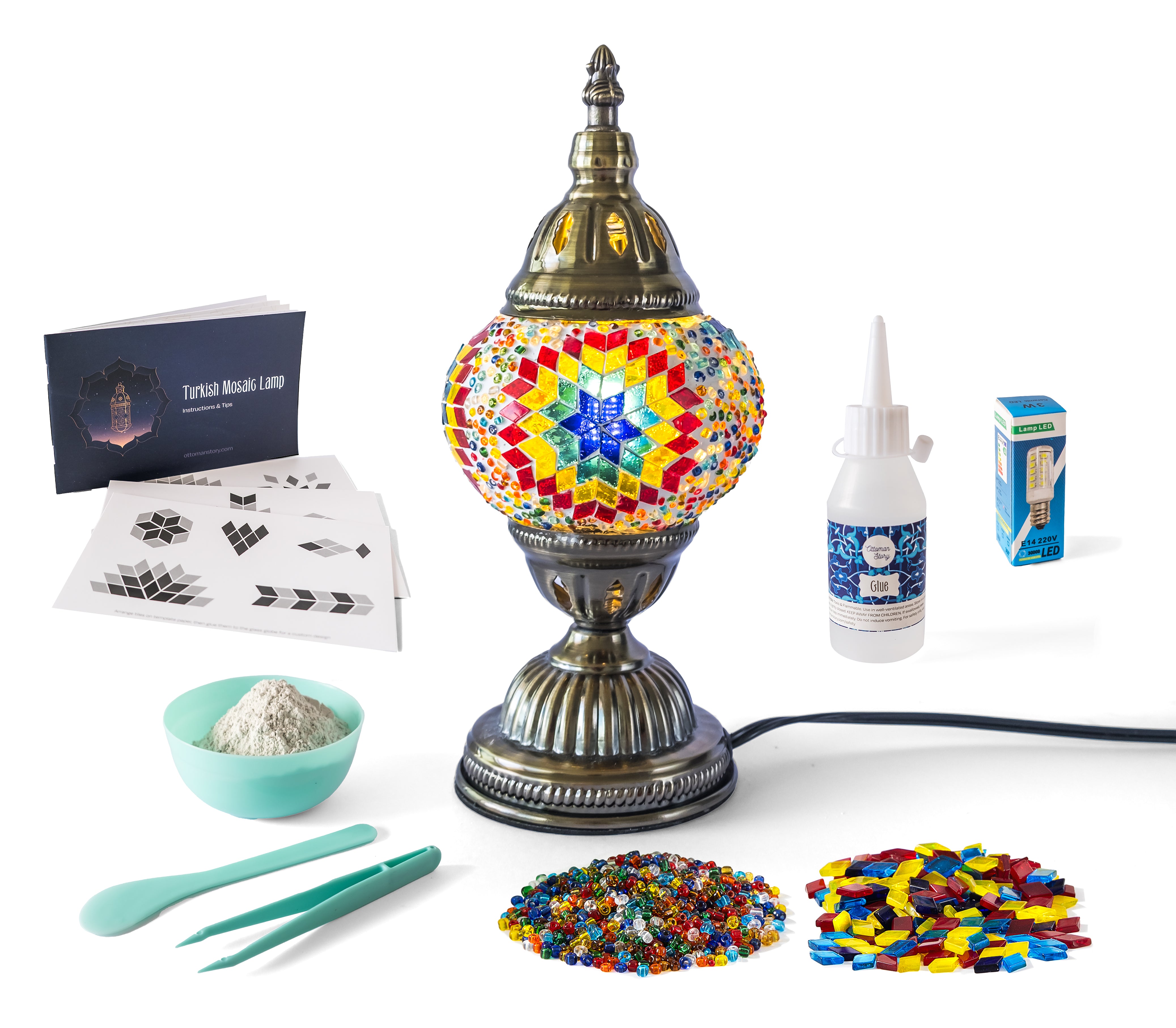 Handcrafted Turkish mosaic lamp kit with vibrant glass tiles and beads, perfect for DIY home decor projects.