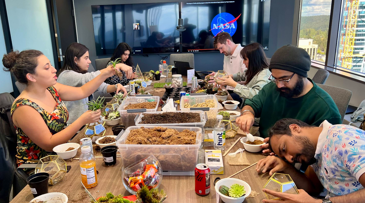 A creative reset session features a terrarium-building workshop designed to calm and re-energize teams.