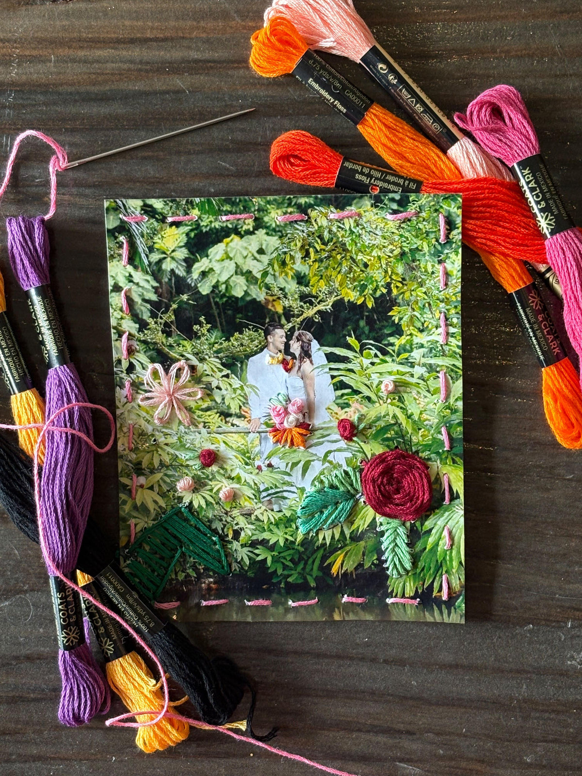 Embroidery floss in vibrant colors arranged around a printed garden photo with a needle on dark wood.