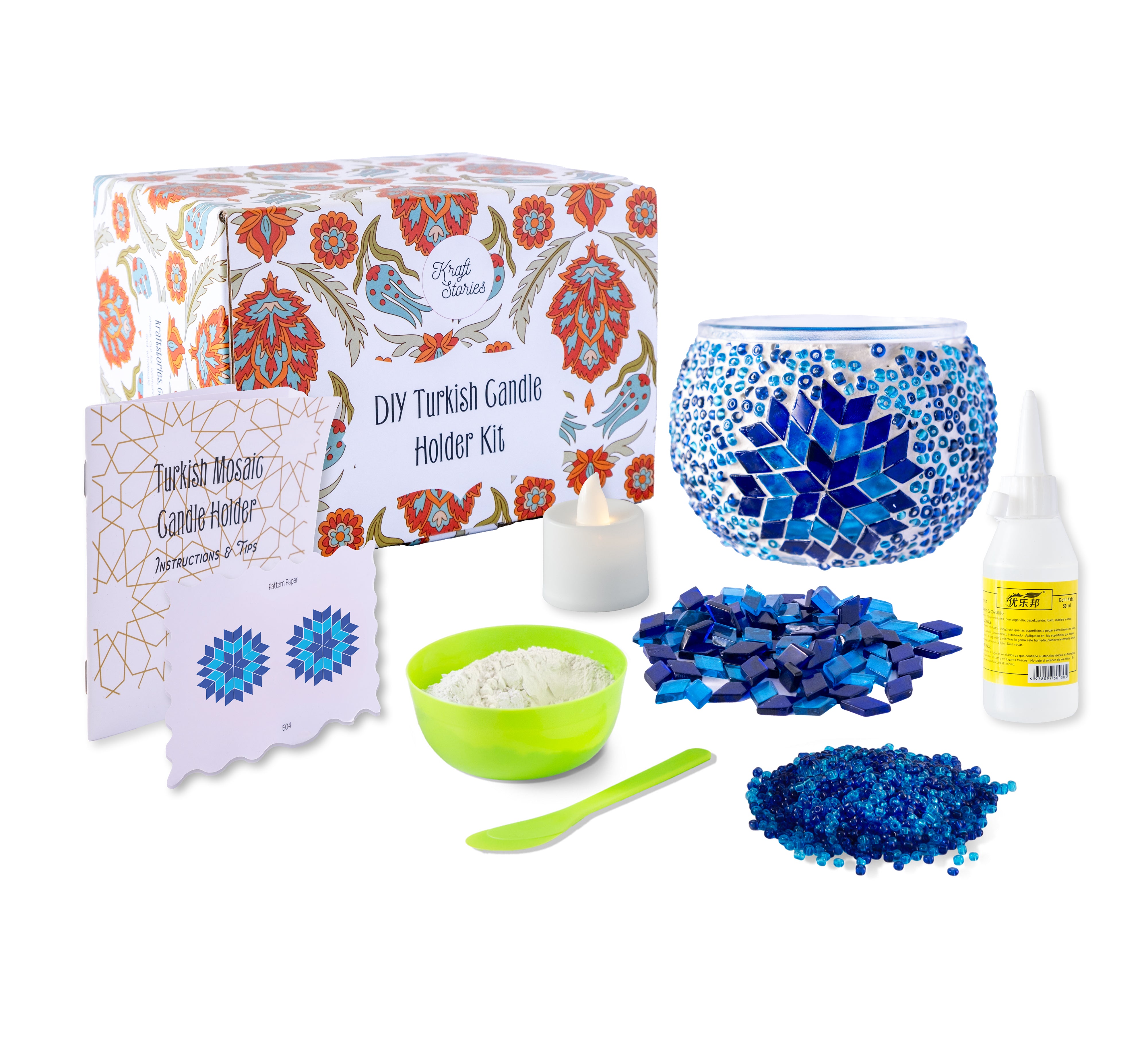 A detailed image of a DIY Turkish Mosaic Candle Holder kit, including colorful glass mosaic tiles, a glass candle holder, glue, and instructions. The kit appears designed to allow customization and creation of a unique mosaic candle holder inspired by traditional Turkish lamp designs., Arts and Crafts, Craft Kit, Wholesale Turkish Mosaic Lamp Kits | DIY Craft Supplies