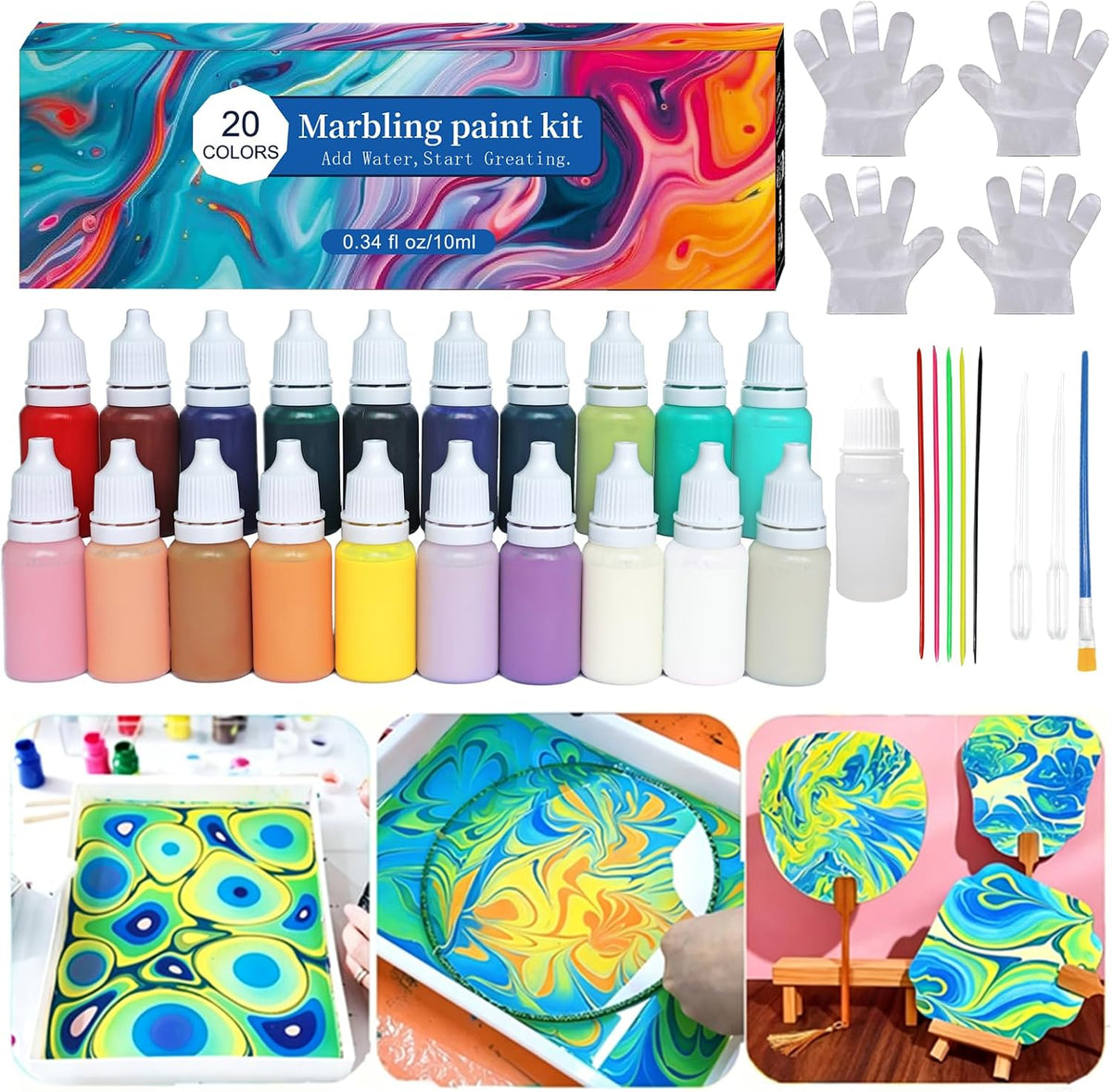 Ebru marbling kit — 20 floating colours, styluses, droppers and gloves