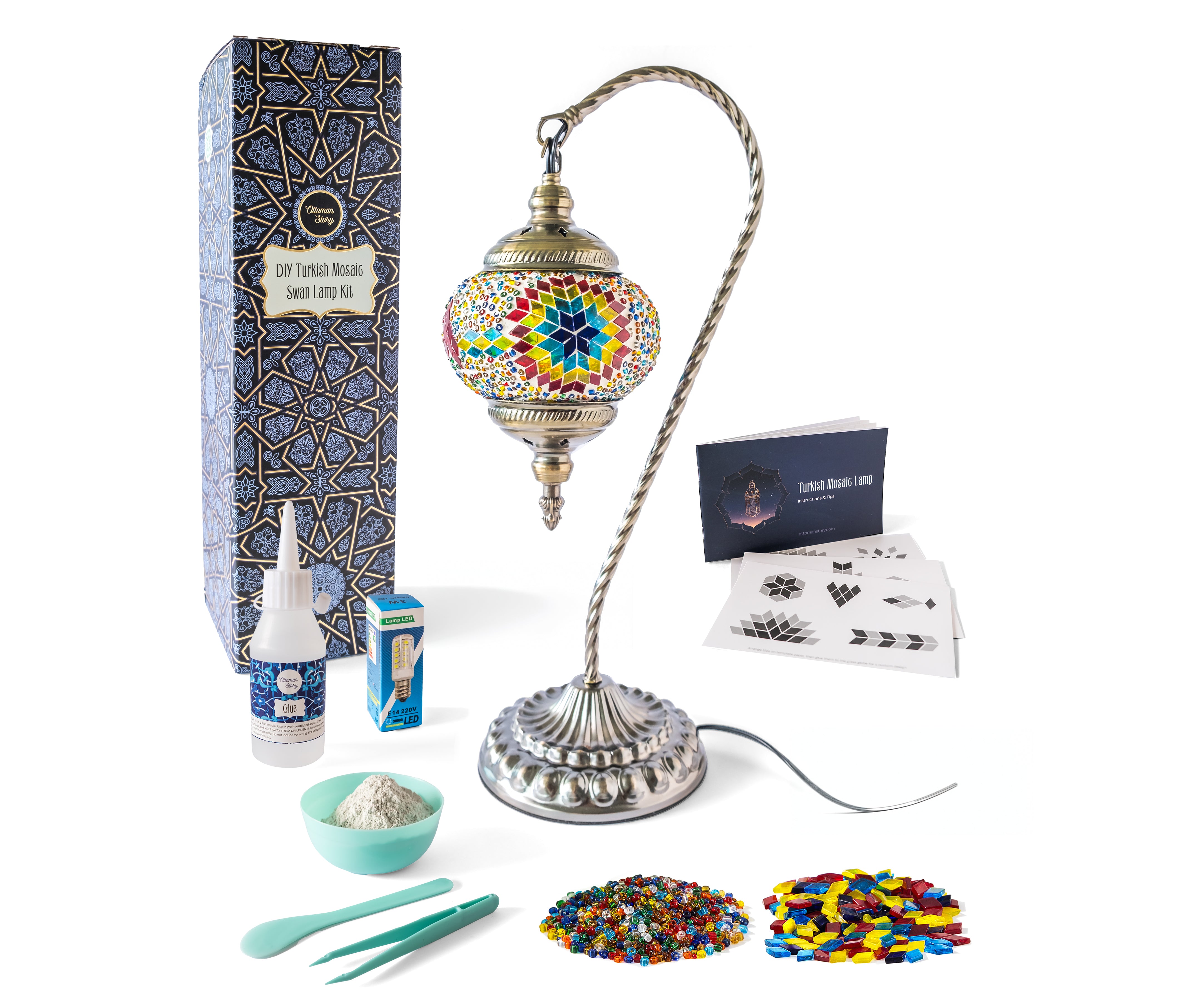 Elegant handcrafted Turkish mosaic lamp kit featuring vibrant colors and intricate patterns, perfect for adding a warm, ambient glow to any space. Ideal for DIY enthusiasts, wholesale customers, and those seeking unique lighting solutions.