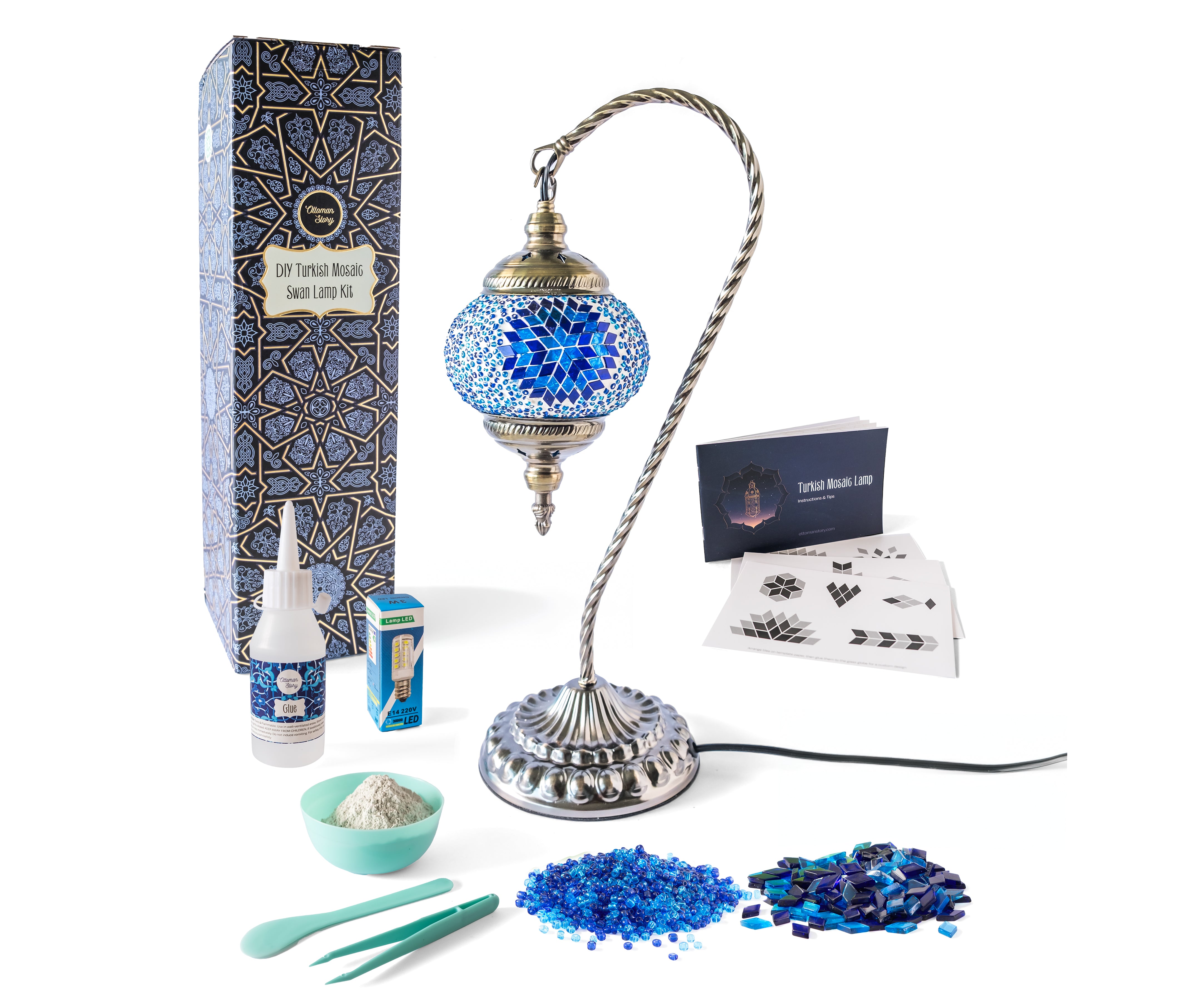 Ornate Turkish mosaic lamp kit with intricate blue and gold patterned glass and metal stand, available in bulk order.