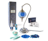 Ornate Turkish mosaic lamp kit with intricate blue and gold patterned glass and metal stand, available in bulk order.