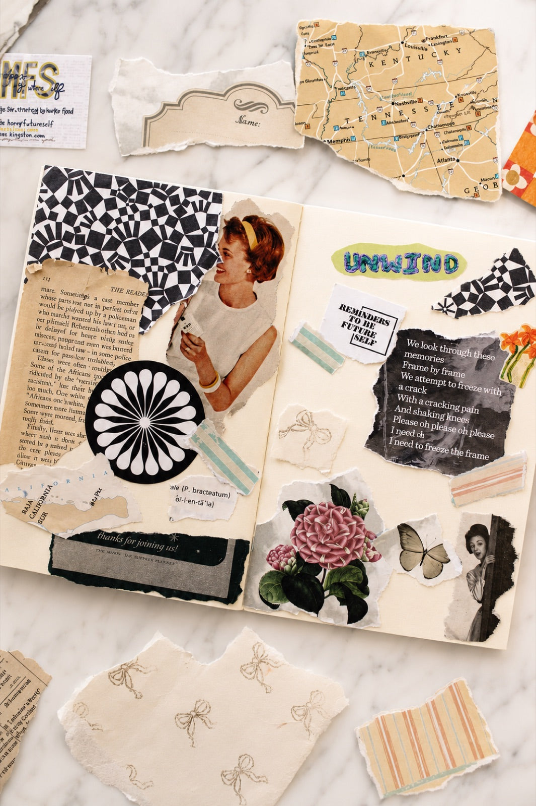 Open junk journal spread layered with vintage clippings, a rosette and handwritten notes