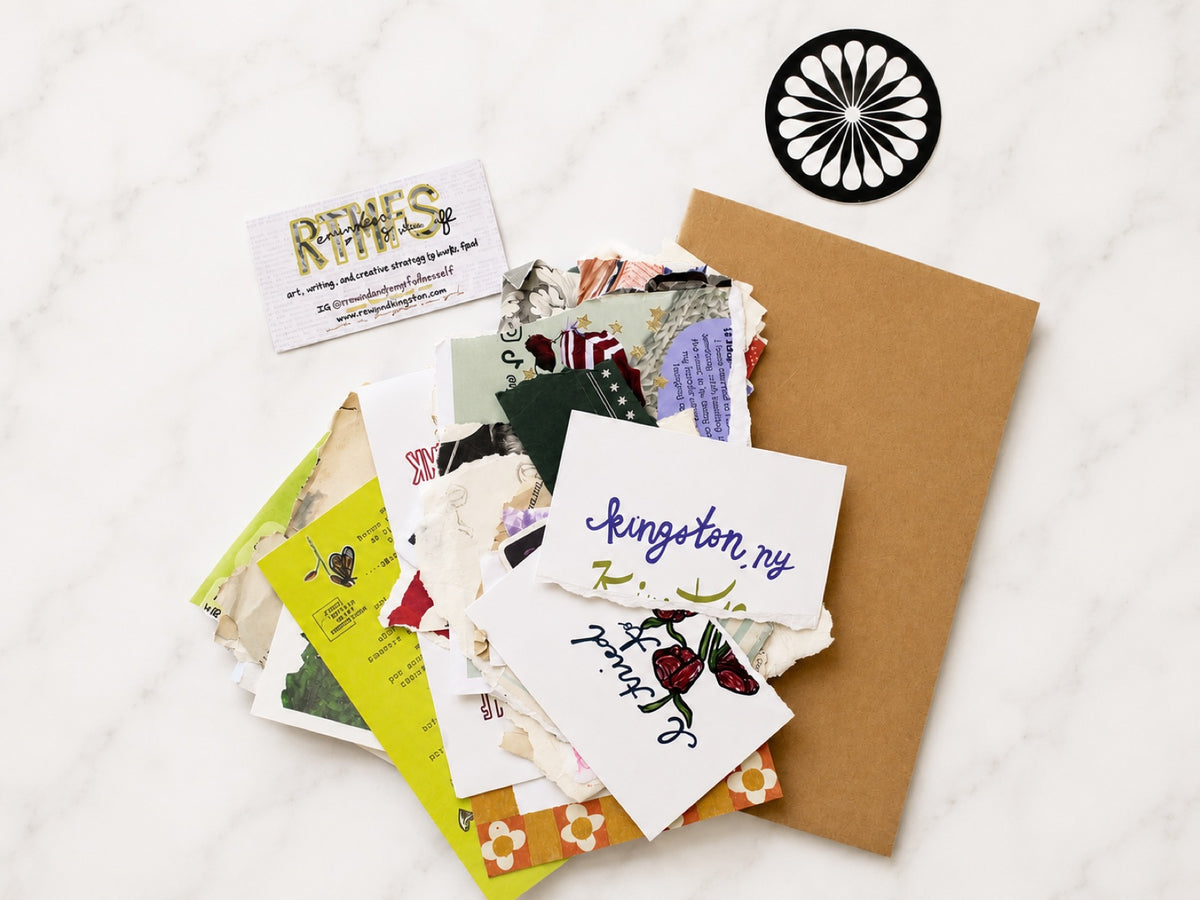 Junk journal kit: vintage ephemera cards, patterned papers and printed tags fanned out