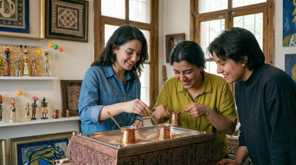 Guests stirring cezves in the sand