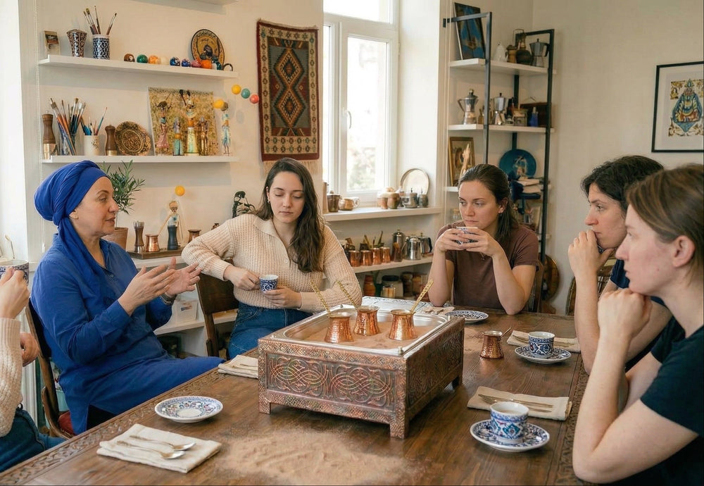 group of people gather around Turkish coffee