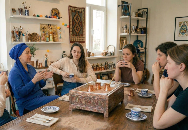 group of people gather around Turkish coffee