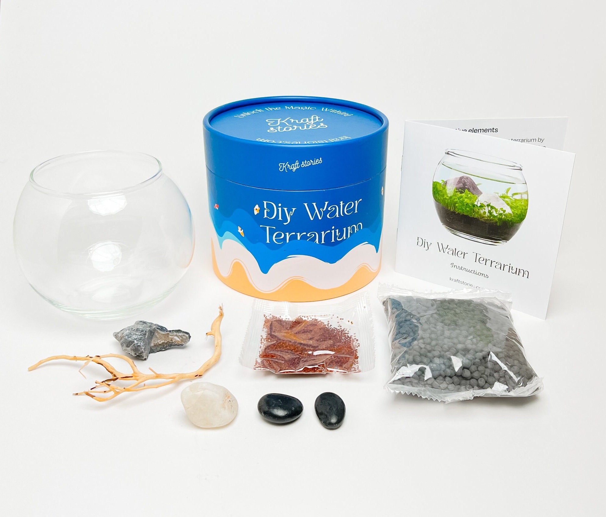 Decorative underwater garden in a glass bowl, a DIY water terrarium kit with aquatic plants, rocks, and supplies, Best Selling Craft Kits,Closed Terrarium Kits,Employee Appreciation Gifts,Plant Lover Gifts,Gifts Under $100,Corporate Branded Gifts,Gifts for Grandma,Craft Kits for Adults