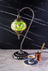 Artistic Turkish mosaic lamp with intricate green and gold patterns, showcasing the craftsmanship of this Wholesale DIY Large Swan Turkish Mosaic Lamp Kit.