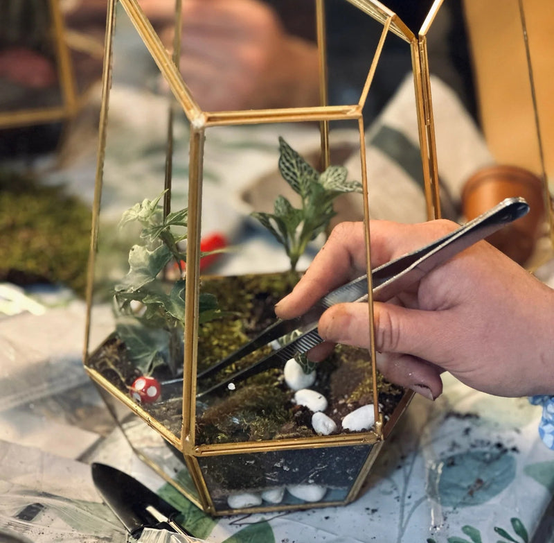 A participant builds a low-mess botanical sip terrarium using live plants, preserved moss, and layered soil.