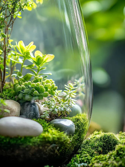 lush terrarium filled vibrant succulents moss showcasing miniature ecosystem glass vessel