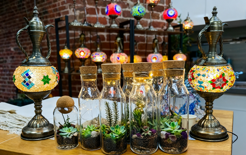 The Midtown studio is great for mosaic lamp, terrarium, and candle workshop birthday celebrations.