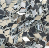 Shimmering mirror glass mosaic tiles in a geometric diamond pattern, featuring a blend of clear, black, and metallic elements that create a visually captivating and versatile crafting material.