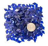 Vibrant navy blue mosaic tiles in geometric diamond shapes, highlighting their versatility for crafting unique projects.