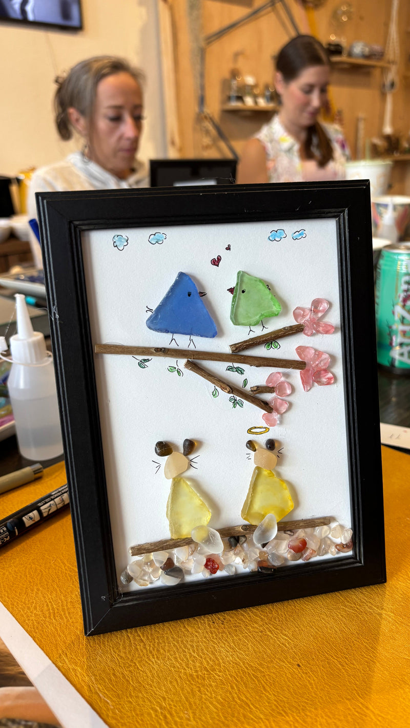 sea glass art frame with birds and cats