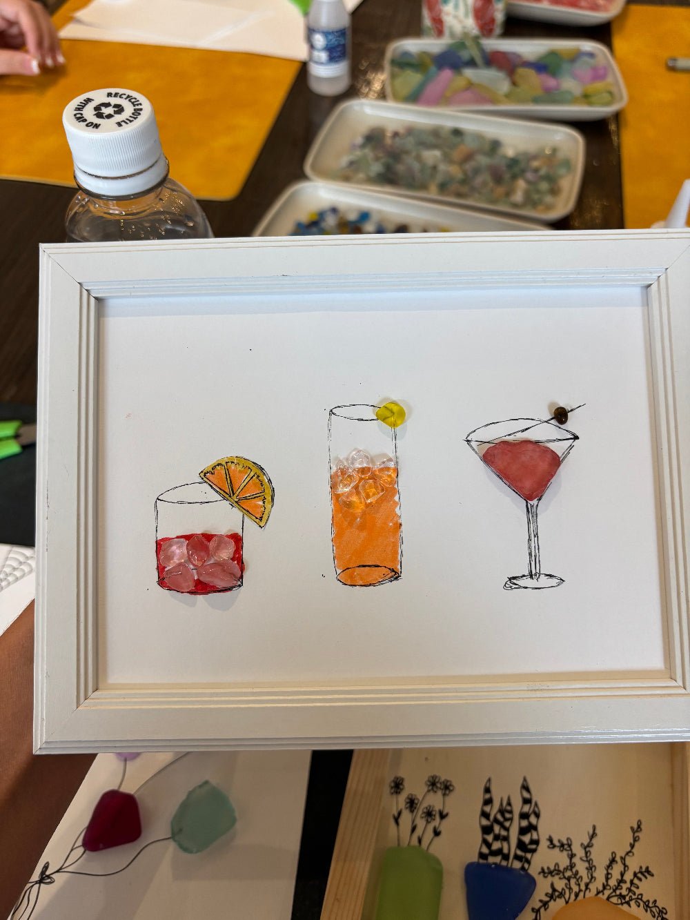 Sea glass art frame with drinks glasses, make at KraftStories Hawaii