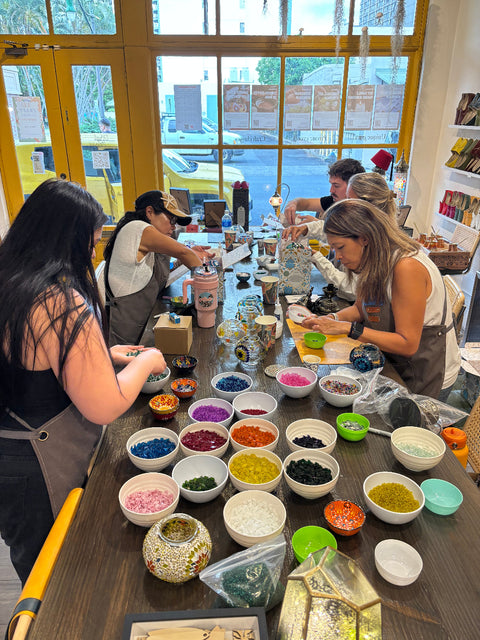 team bonding group, crafting mosaic candle holders at KraftStories Hawaii in Honolulu