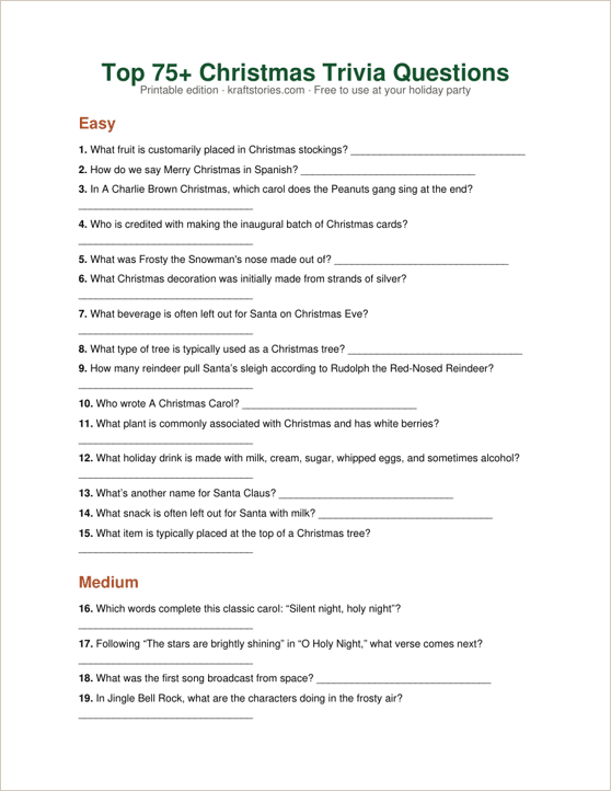 Printable holiday trivia PDF — first page preview